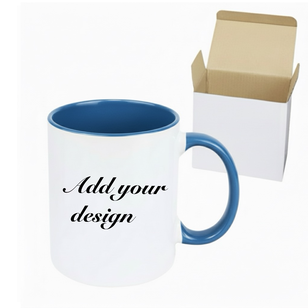 White mug with blue interior and handle, text 'Add your design', and a cardboard box in the background.