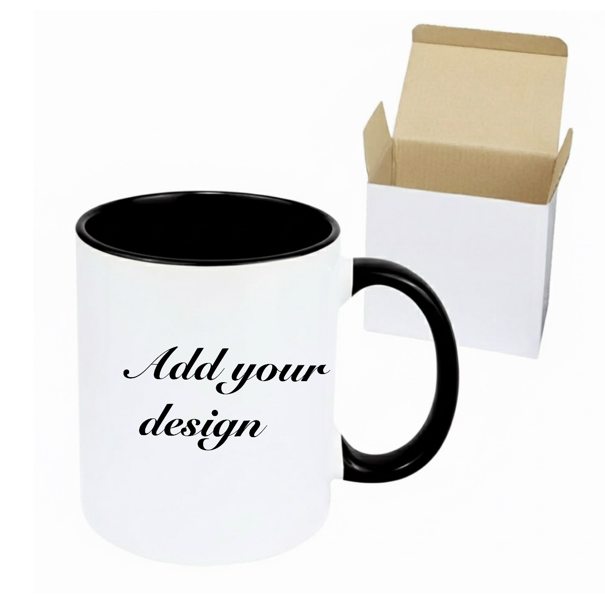 Black and white mug with text 'Add your design' next to a cardboard box on a white background