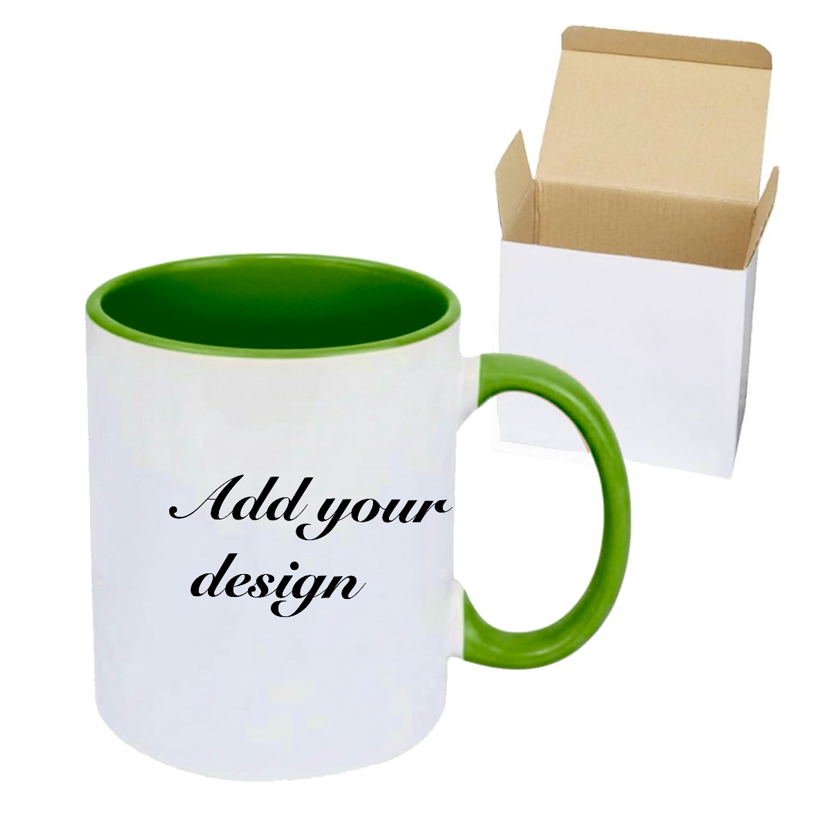 White mug with green interior and handle, text 'Add your design', next to a cardboard box on a white background