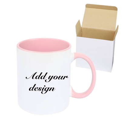 White mug with pink interior and handle, placed inside a white box with a brown lid on a white background.