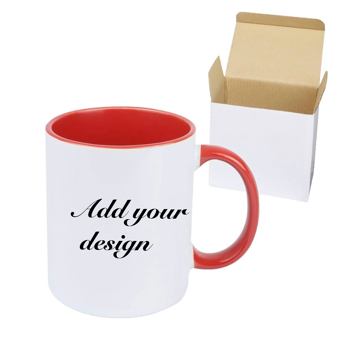 White mug with red interior and handle, text 'Add your design', next to a cardboard box on a white background