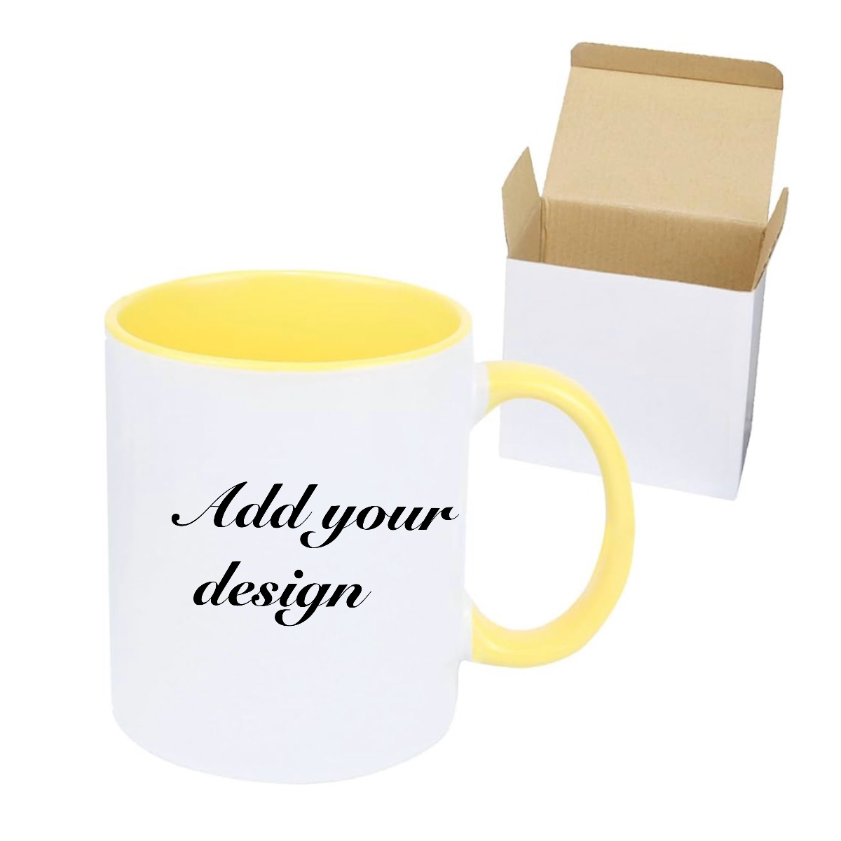 White mug with yellow interior and handle, text 'Add your design', next to an open cardboard box on a white background