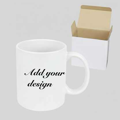 White mug with 'Add your design' text on a gray background