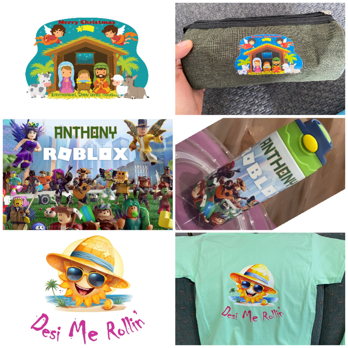 Collage of various products including a Christmas nativity scene, a Roblox-themed book, and a t-shirt with a sun character.
