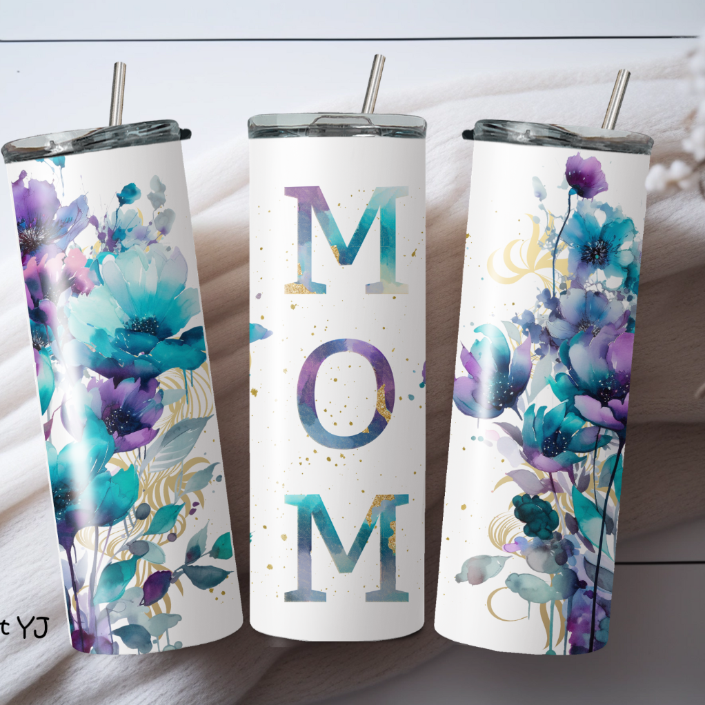 Custom insulated travel cups with floral patterns and the word 'MOM' displayed prominently on the front.
