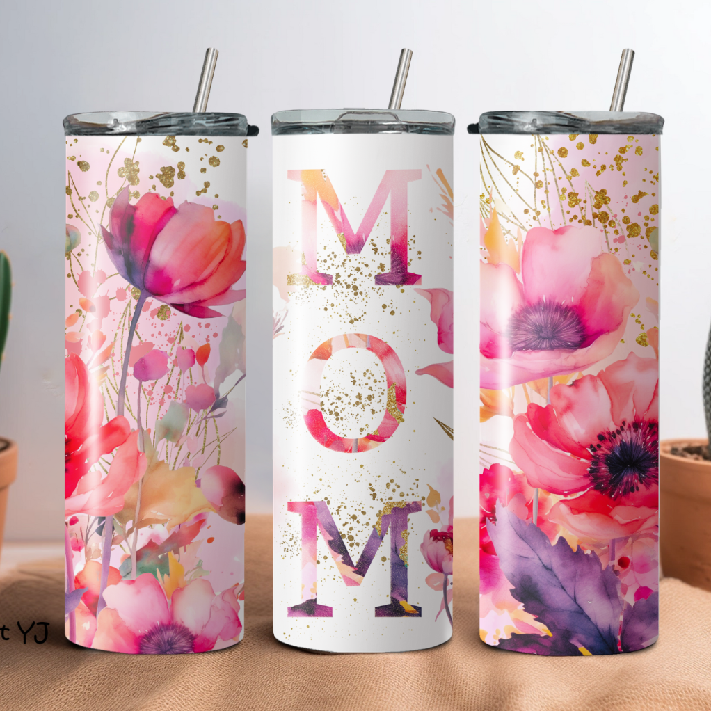 Custom insulated travel cups with floral patterns and the word 'MOM' displayed prominently on the front.
