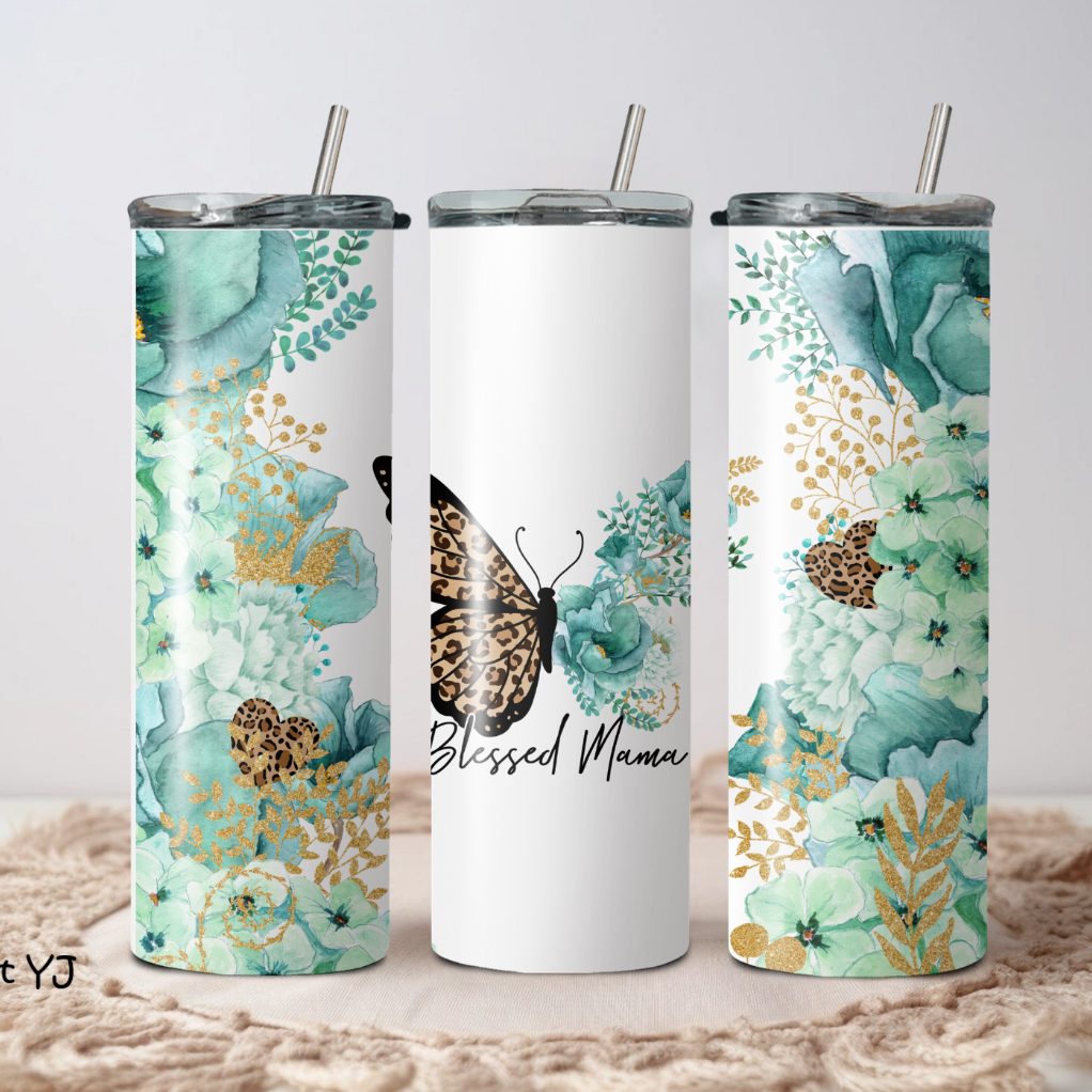 A set of three custom insulated travel cups with floral patterns and the word 'MOM' displayed prominently on the front.