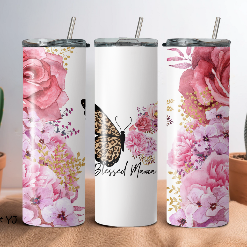 Custom insulated travel cups with floral patterns and the word 'MOM' displayed prominently on the front.