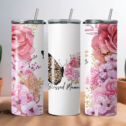 Custom insulated travel cups with floral patterns and the word 'MOM' displayed prominently on the front.
