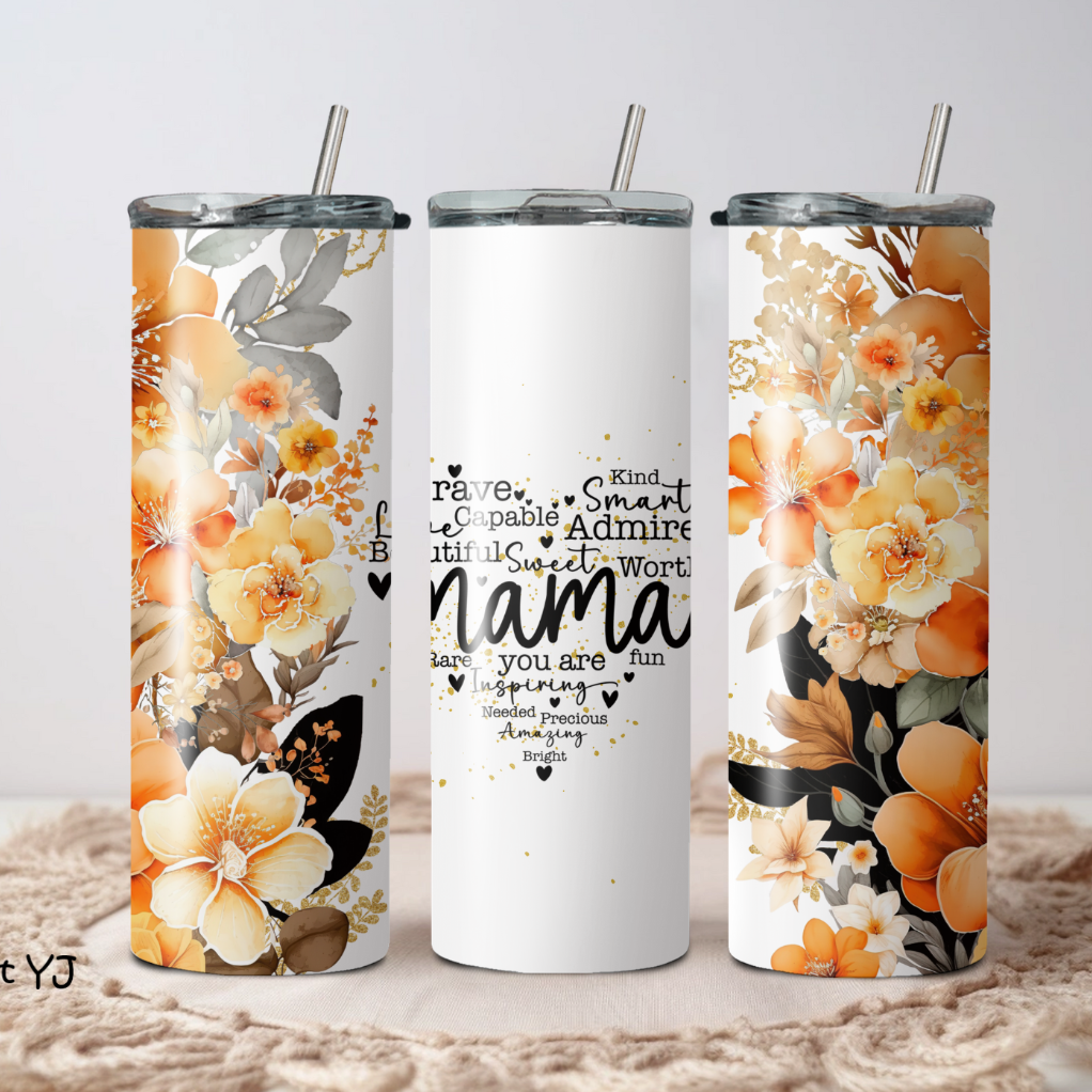 A set of three custom insulated travel cups with floral patterns and the word 'MOM' displayed prominently on the front.