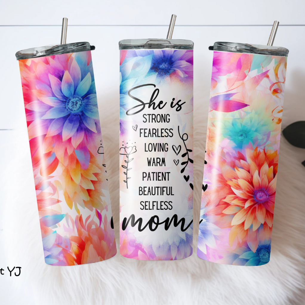 Custom insulated travel cups with floral patterns and the word 'MOM' displayed prominently on the front.