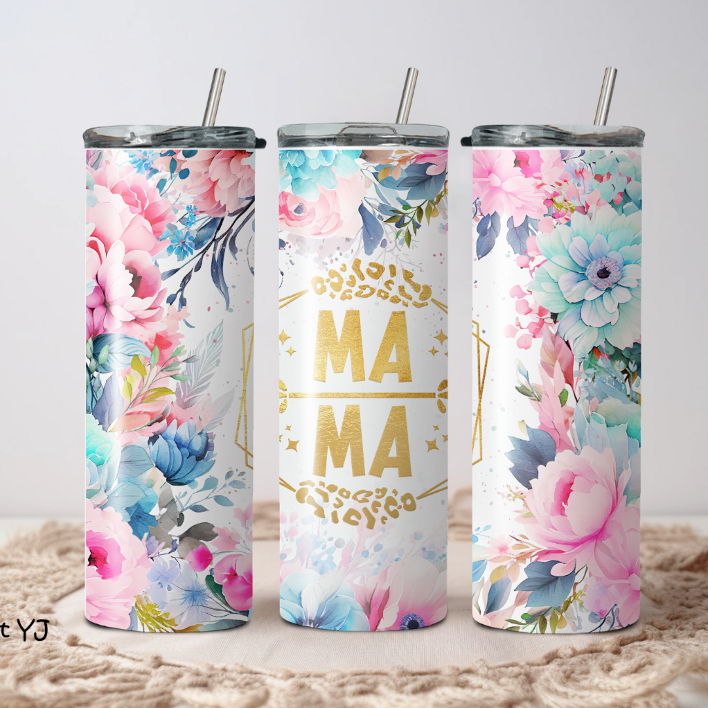 Custom insulated travel cups with floral patterns and the word 'MOM' displayed prominently on the front.