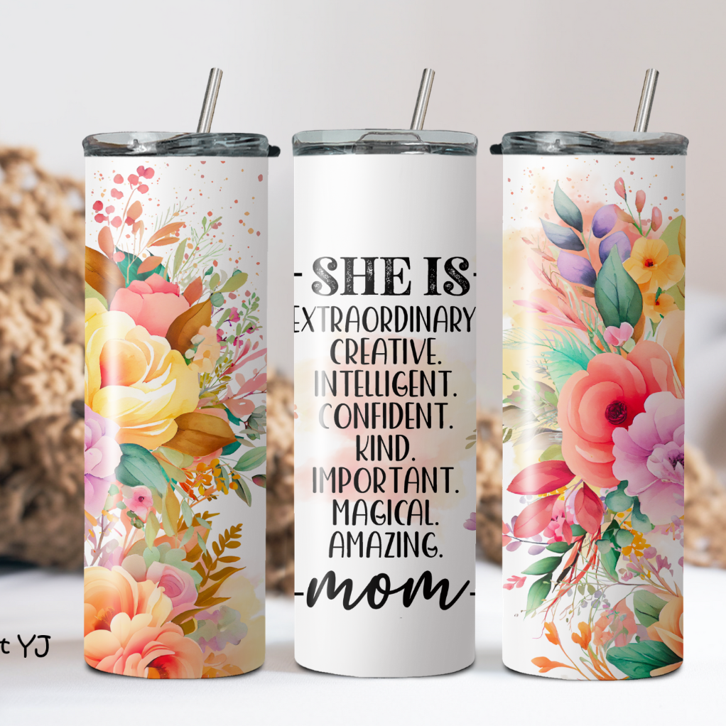 Custom insulated travel cups with floral patterns and the word 'MOM' displayed prominently on the front.