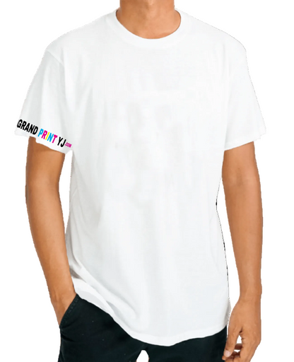 Person wearing a white t-shirt with colorful text on the sleeve against a white background