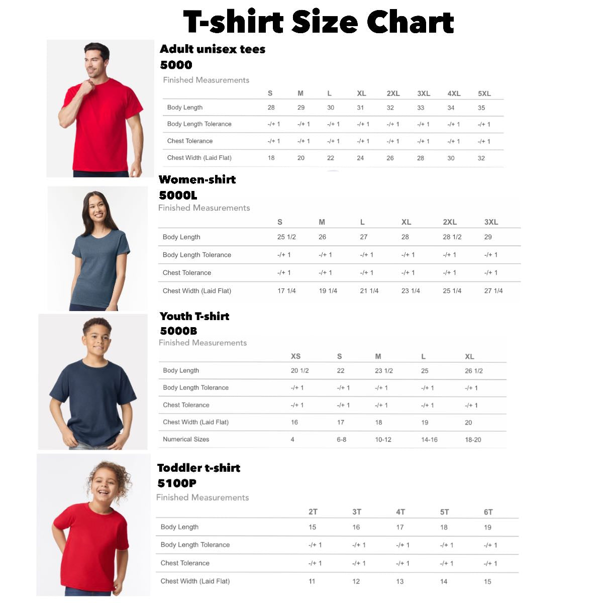 T-shirt size chart with measurements for different age groups on a white background