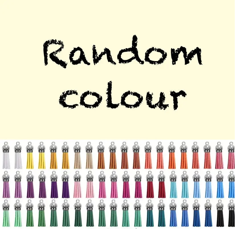 Assorted colorful tassels with 'Random colour' text on a beige background