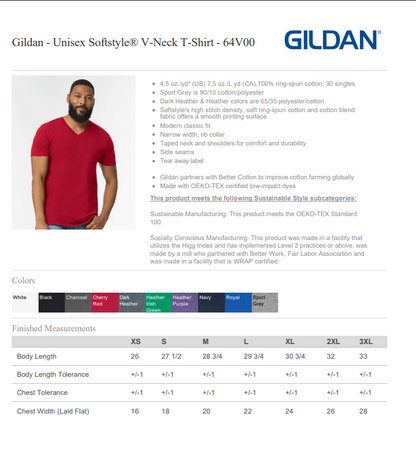 Gildan Unisex Softstyle V-Neck T-Shirt product page with a man wearing a red shirt.