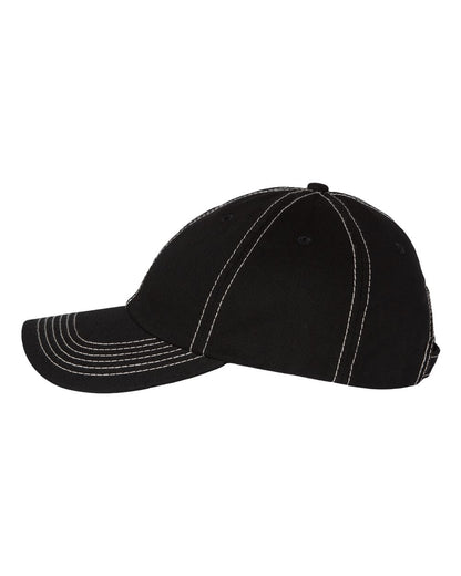 Black baseball cap with white stitching on a white background