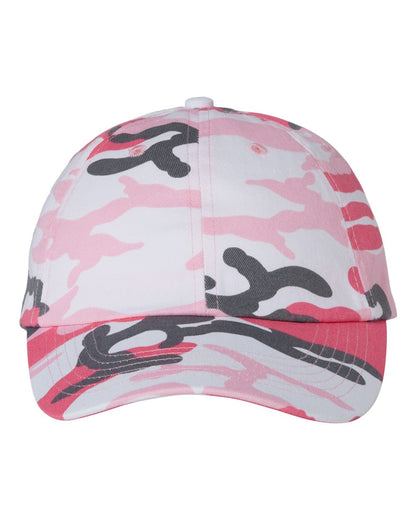Pink and white camouflage cap with black patterns on a white background
