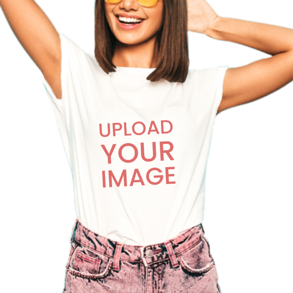 White t-shirt with 'UPLOAD YOUR IMAGE' text worn by a person on a white background