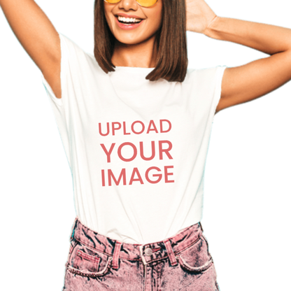 White t-shirt with 'UPLOAD YOUR IMAGE' text worn by a person on a white background