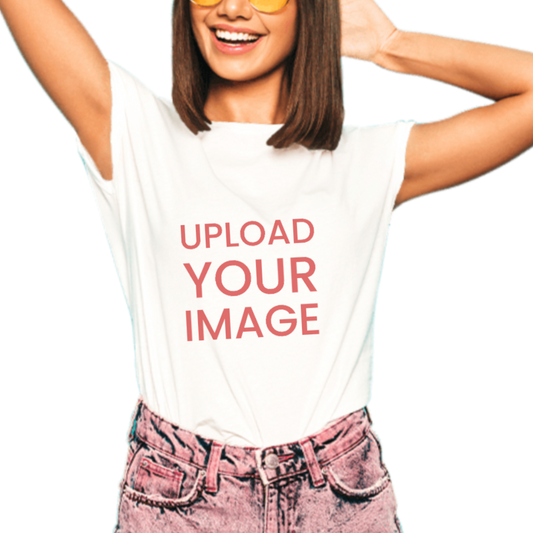 White t-shirt with 'UPLOAD YOUR IMAGE' text worn by a person on a white background