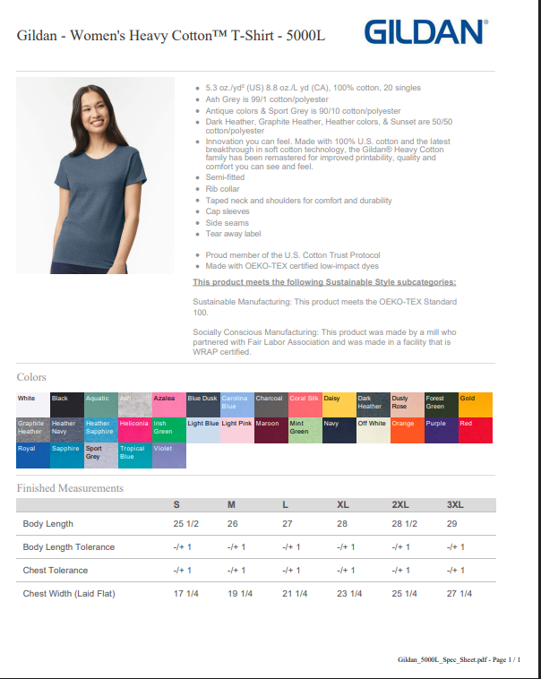 Gildan Women's Heavy Cotton T-Shirt 5000L specification sheet with color options and measurements.