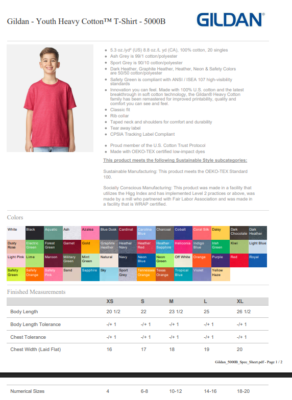 Gildan Youth Heavy Cotton T-Shirt product page with color swatches and size chart.