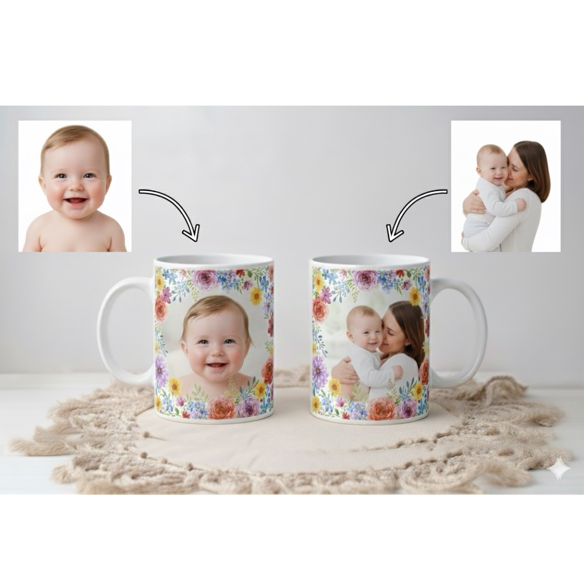 Two mugs with floral designs featuring photos of a baby and a woman holding a baby.