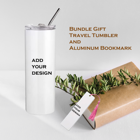 Travel tumbler with straw and aluminum bookmark on a white background