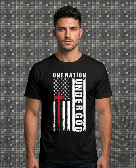 Man wearing a black t-shirt with 'One Nation Under God' design against a patterned background