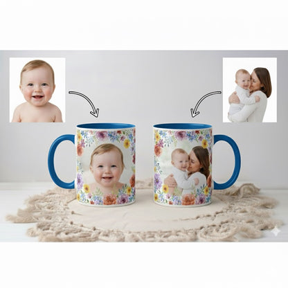 Two mugs with floral design featuring a baby and a family photo on a white background.